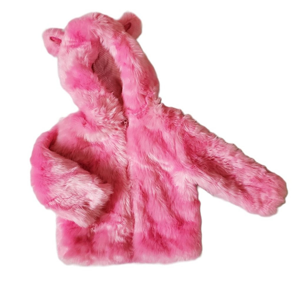 Pink Plush Fur Coat with Cat Ears - 18M